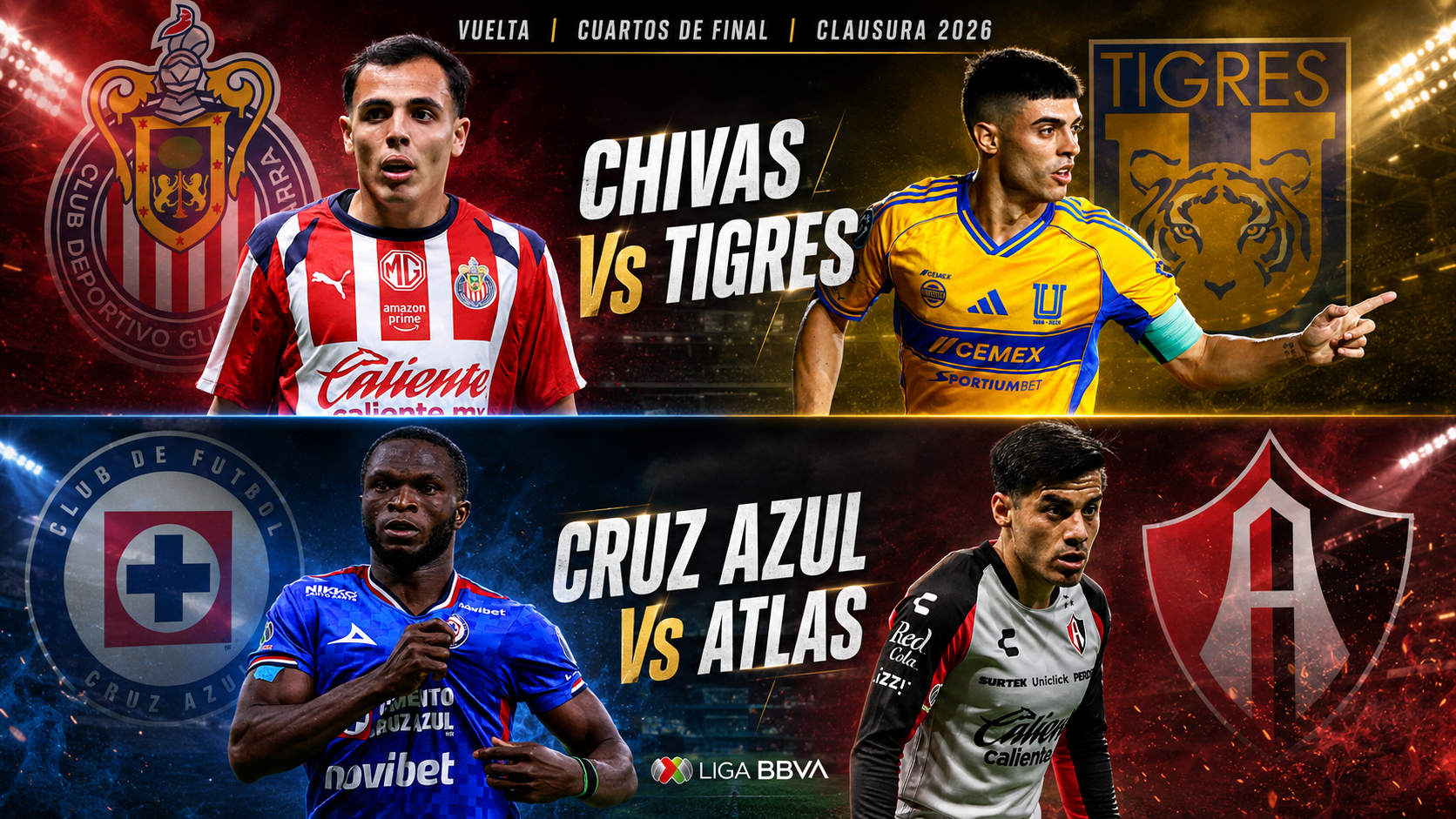 Chivas vs Tigres y Cruz Azul vs Atlas: horarios, transmisión y panorama de la Vuelta de Cuartos de Final del Clausura 2026