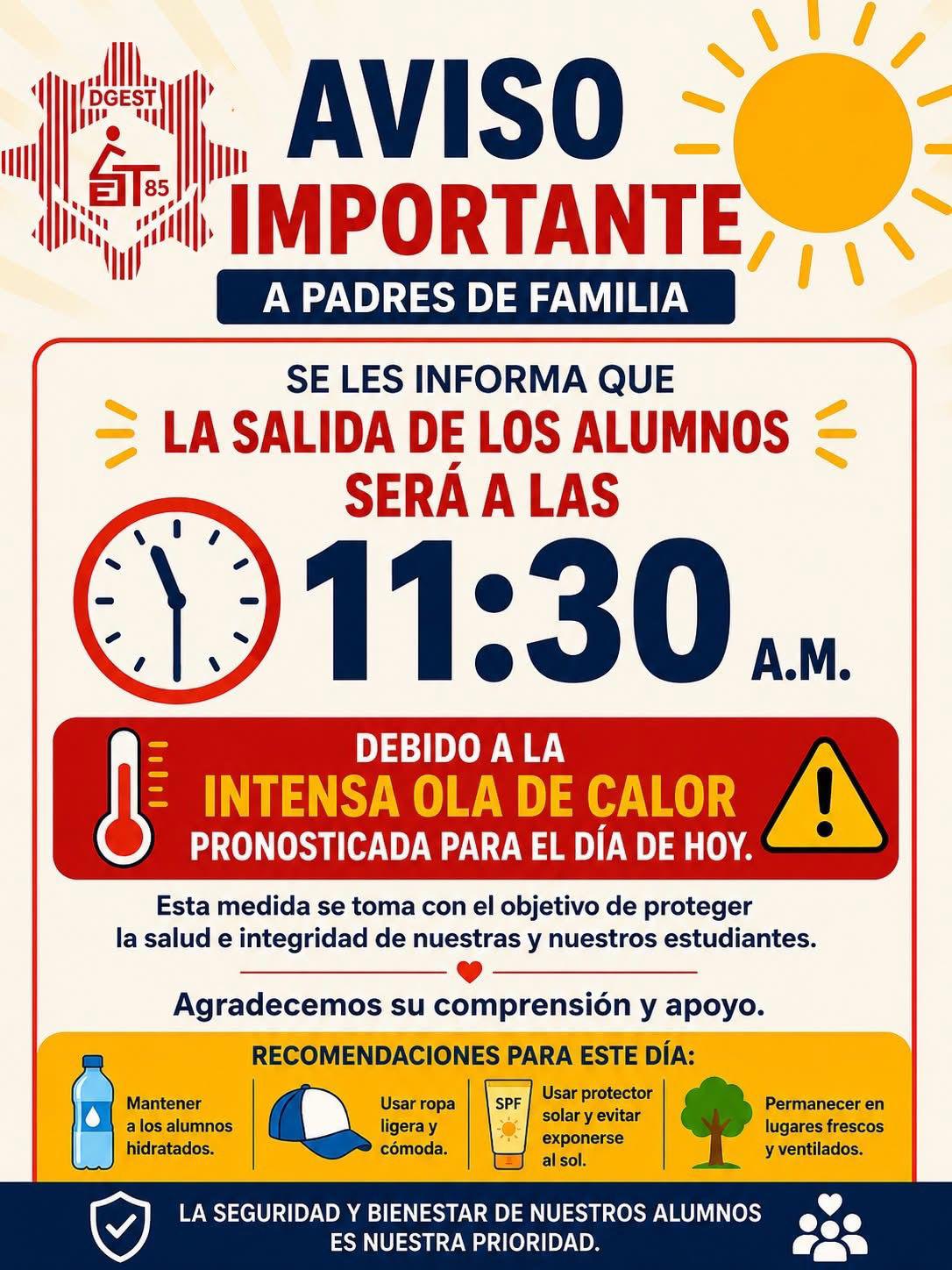 Padres de familia fueron notificados sobre la reducción del horario escolar con el objetivo de evitar que los alumnos permanezcan expuestos al calor intenso.