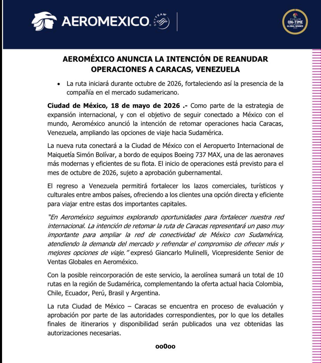 Aeroméxico planea reconectar rutas con Venezuela