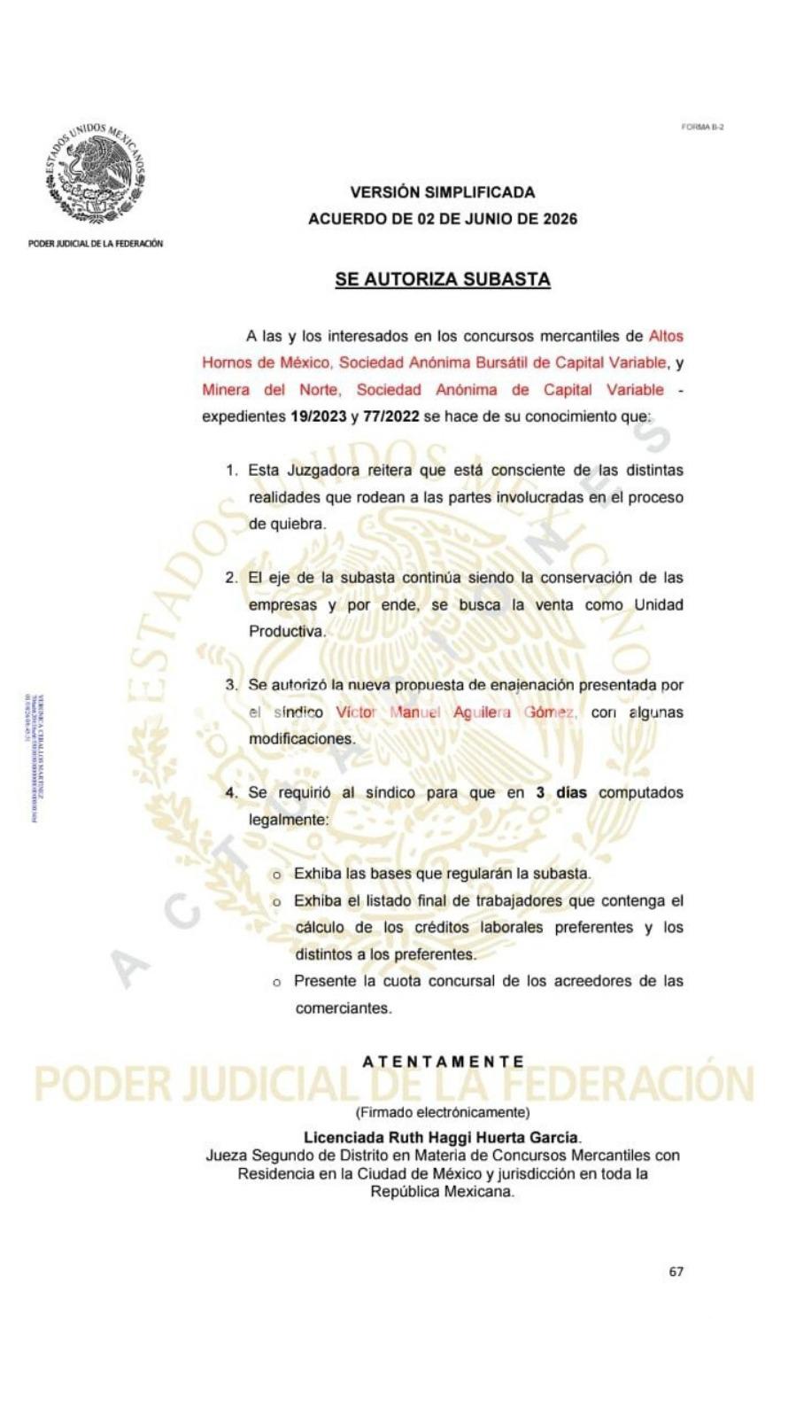 Autorizan subasta de AHMSA y MINOSA; venta entra en fase decisiva