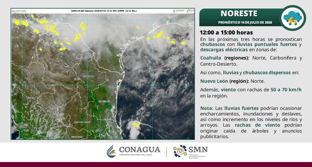 Lluvias en Coahuila: Protección Civil mantiene monitoreo y alerta por pronóstico de fuertes precipitaciones